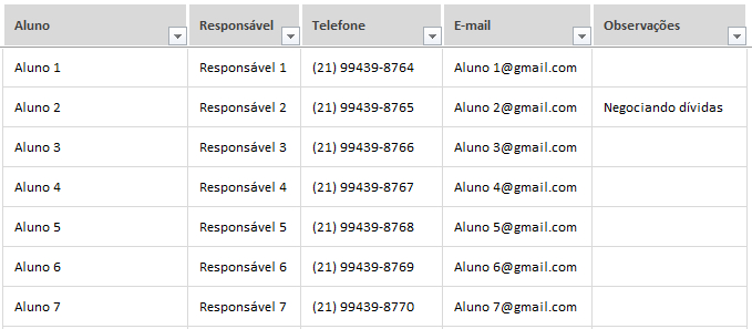 Planilha controle de recebimento de mensalidades