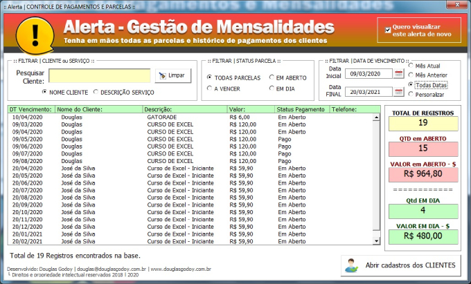 Planilha controle de recebimento de mensalidades