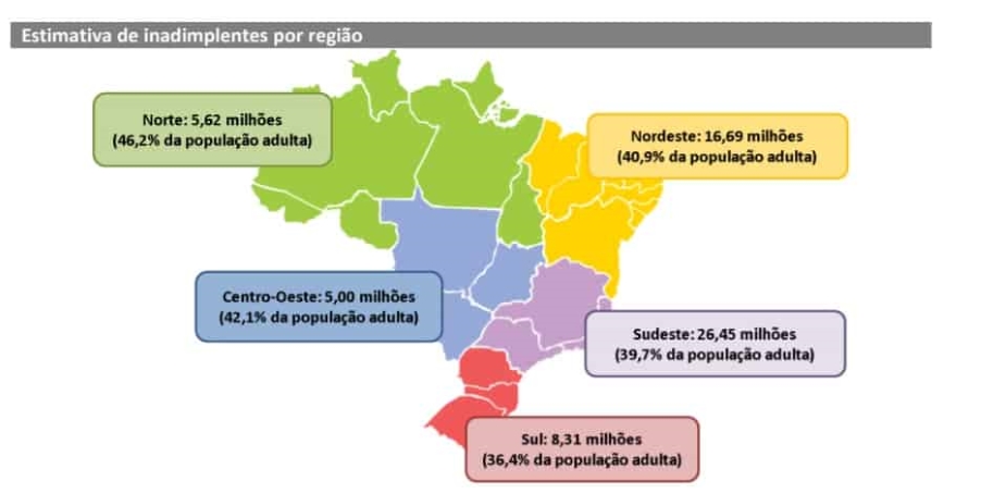 mapa com a estimativa de inadimplentes por região
