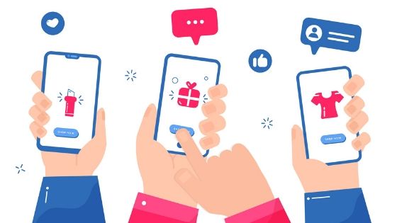 Imagem com o desenho de tres mãos, cada uma segurando um celular com uma imagem ilustrativa de loja virtual simulando comprar um produto