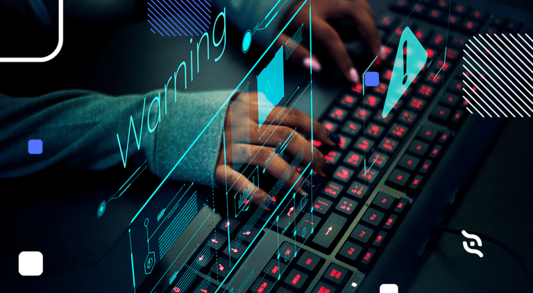 Mãos teclando sobre um teclado de computador com dados holográficos aparecendo em primeiro plano.