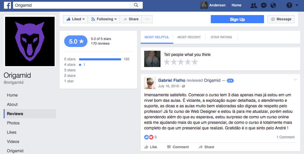 Avaliações da fan page da Origamid no Facebook