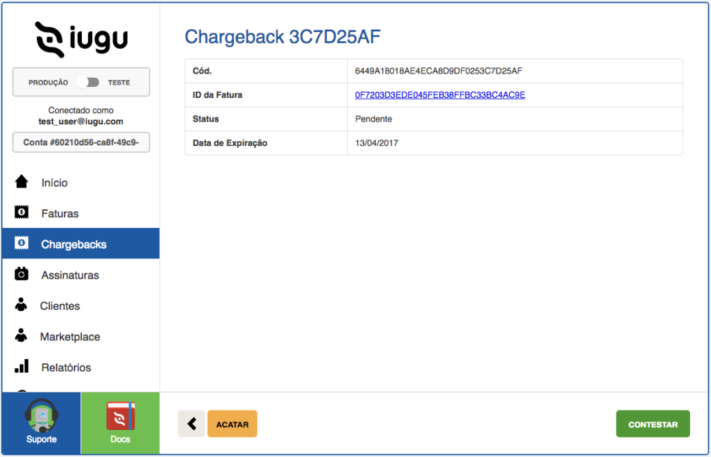 Detalhes de um chargeback no painel da iugu