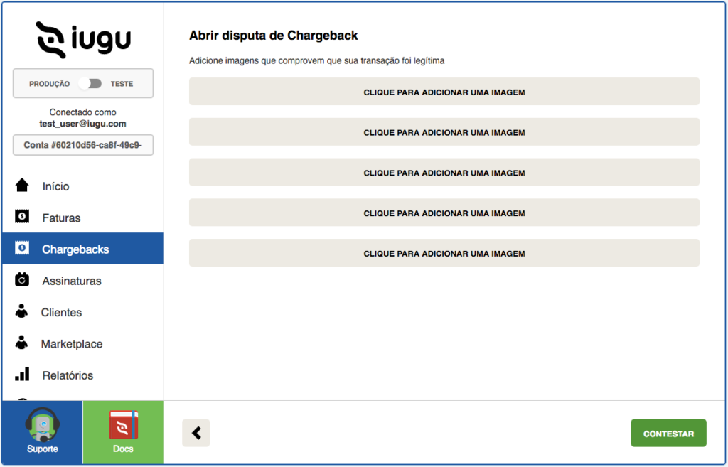 Disputa de chargeback no painel da iugu