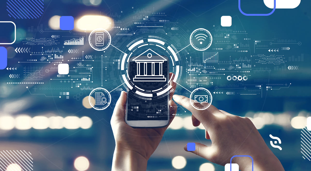 Mão segurando celular com artes relacionadas ao setor financeiro.